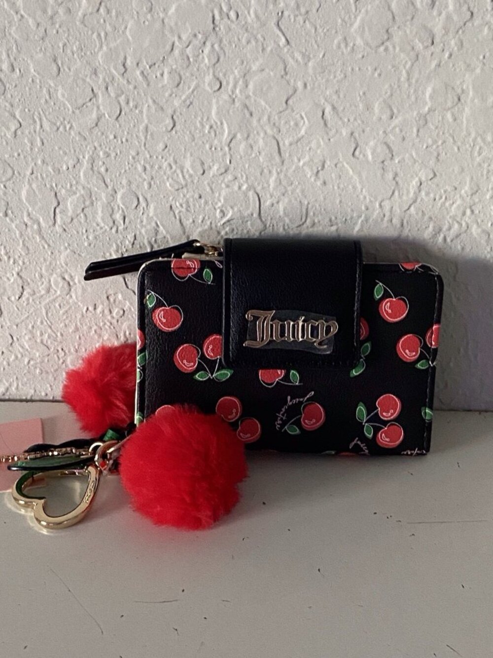 Juicy Couture Cherry Girl Mini Tab Wallet W/Charm Cherry Pom Poms Black Red NEW